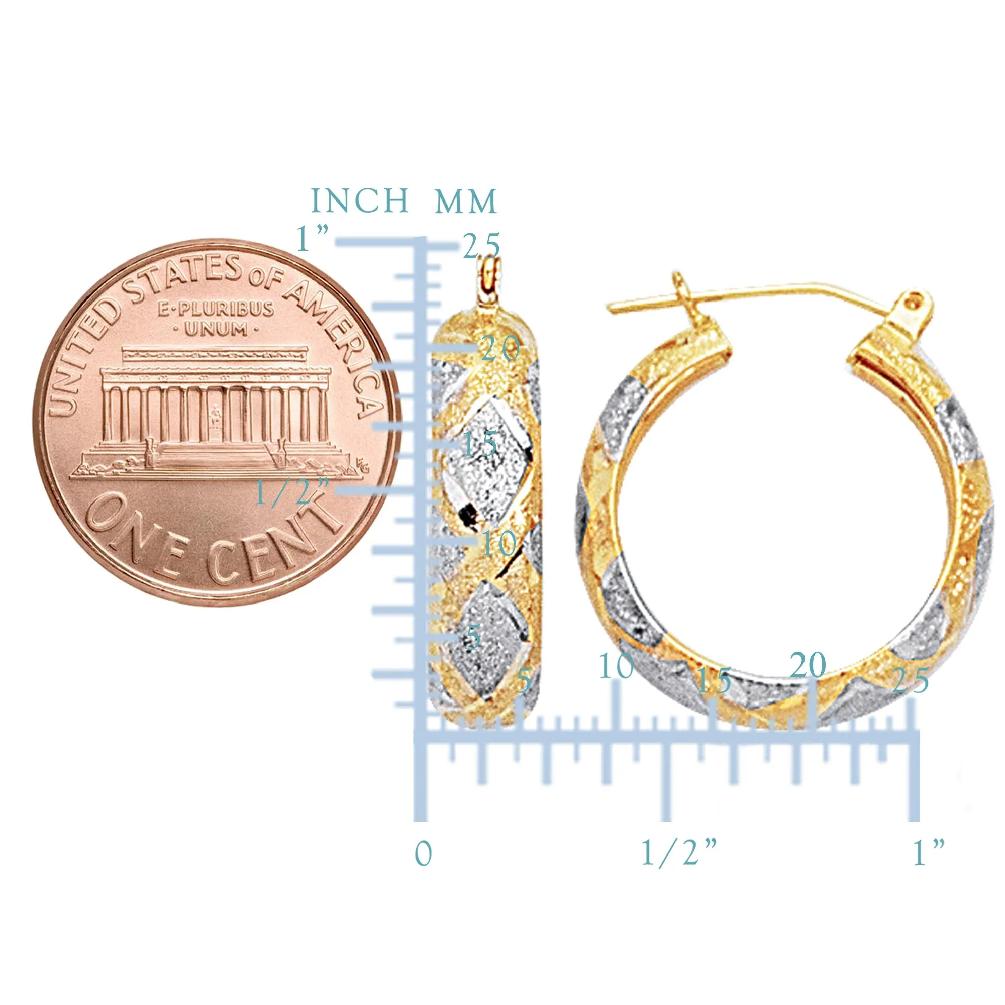 10k 2 Tone White And Yellow Gold Diamond Cut Textured Round Hoop Earrings, Diameter 22mm