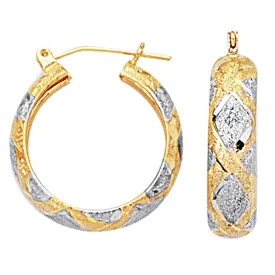 10k 2 Tone White And Yellow Gold Diamond Cut Textured Round Hoop Earrings, Diameter 22mm