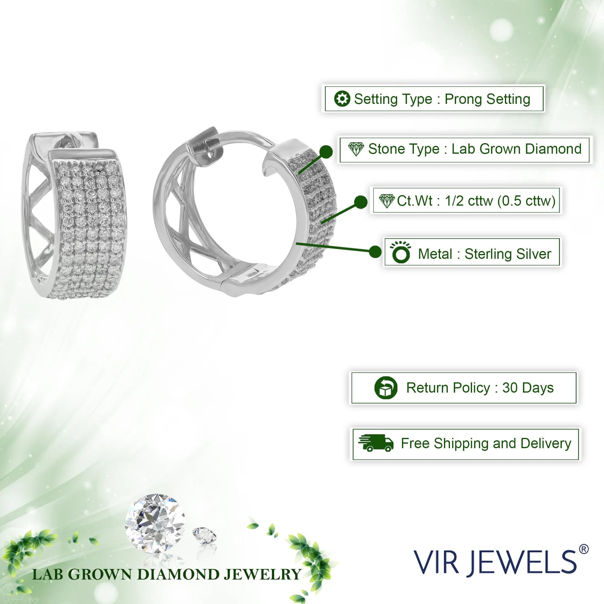 1/2 cttw Round Lab Grown Diamond hoop earrings .925 Sterling Silver Prong Set for Women