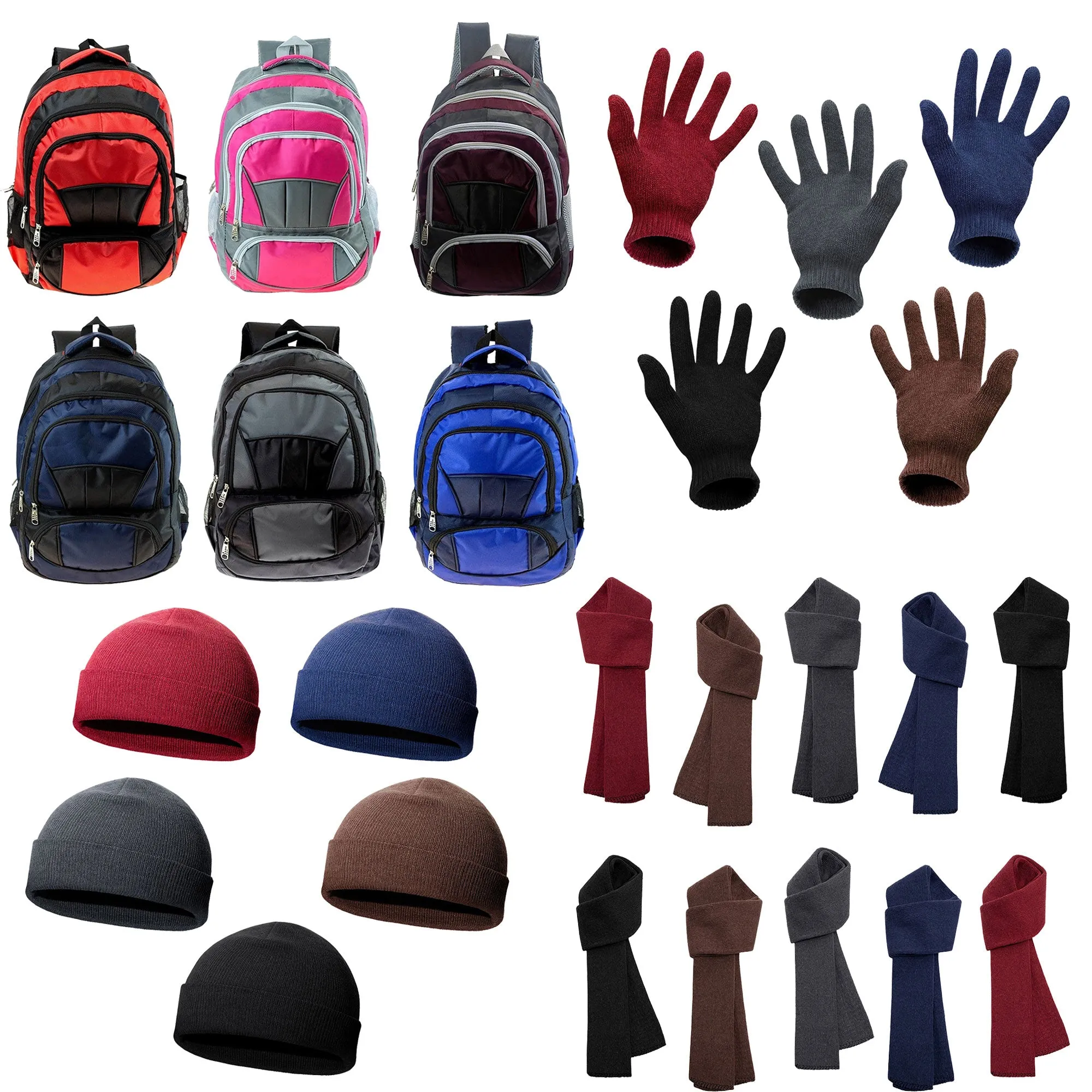 12 Premium 16" Backpacks & Your Choice of 12 Bulk Winter Item Sets - Wholesale Care Package: Homeless, Emergency, Charity