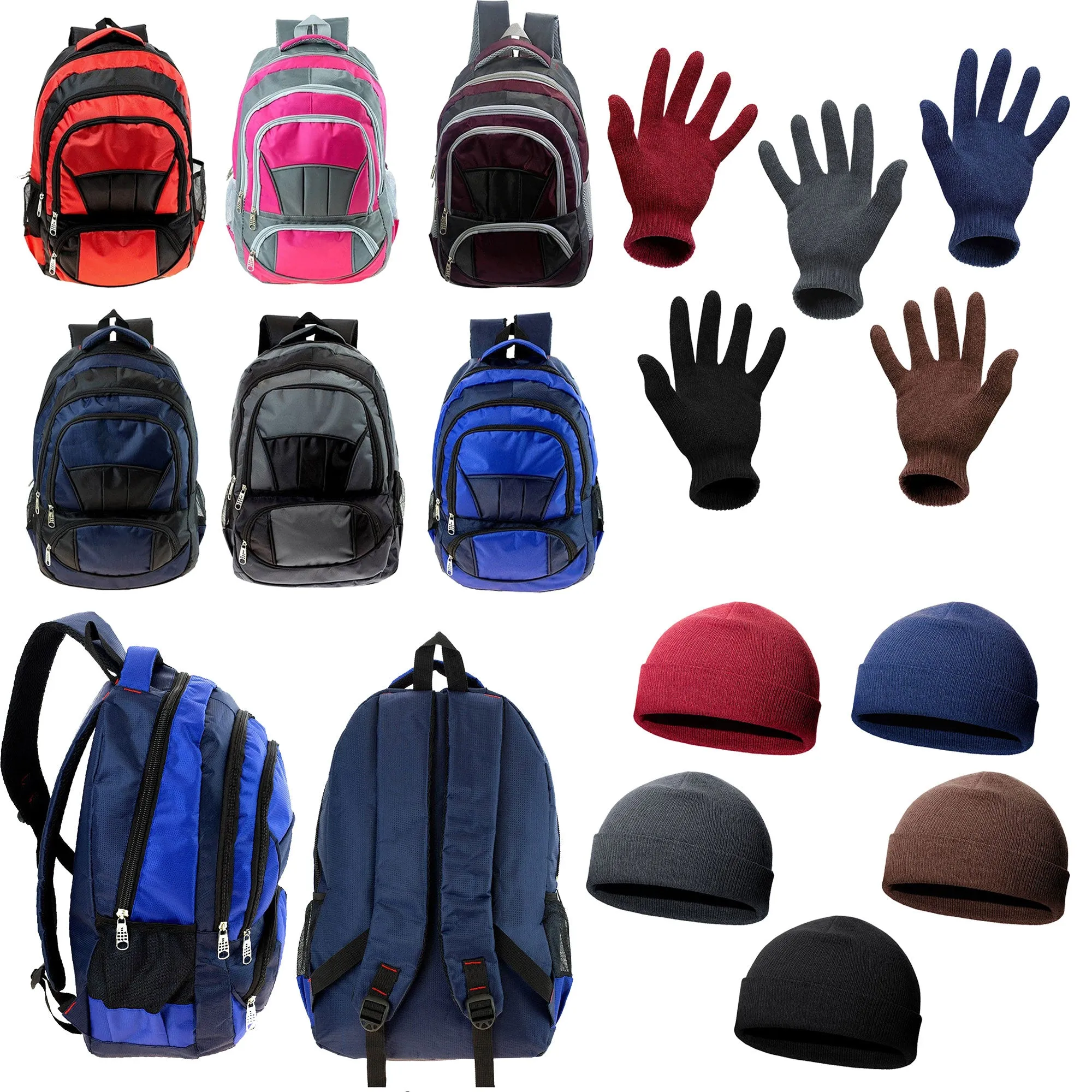 12 Premium 16" Backpacks & Your Choice of 12 Bulk Winter Item Sets - Wholesale Care Package: Homeless, Emergency, Charity