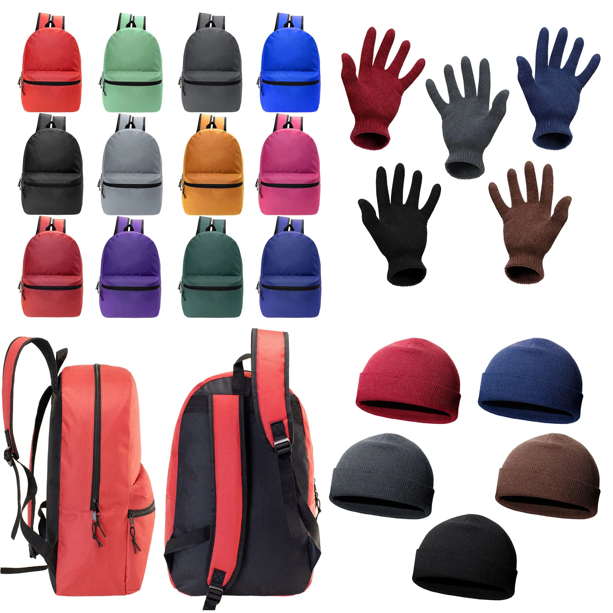 12 Wholesale 18.5" Basic Backpacks in 12 Colors & Your Choice of 12 Winter Item Sets - Wholesale Care Package: Homeless, Emergency, Charity