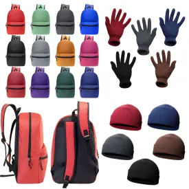 12 Wholesale 18.5" Basic Backpacks in 12 Colors & Your Choice of 12 Winter Item Sets - Wholesale Care Package: Homeless, Emergency, Charity