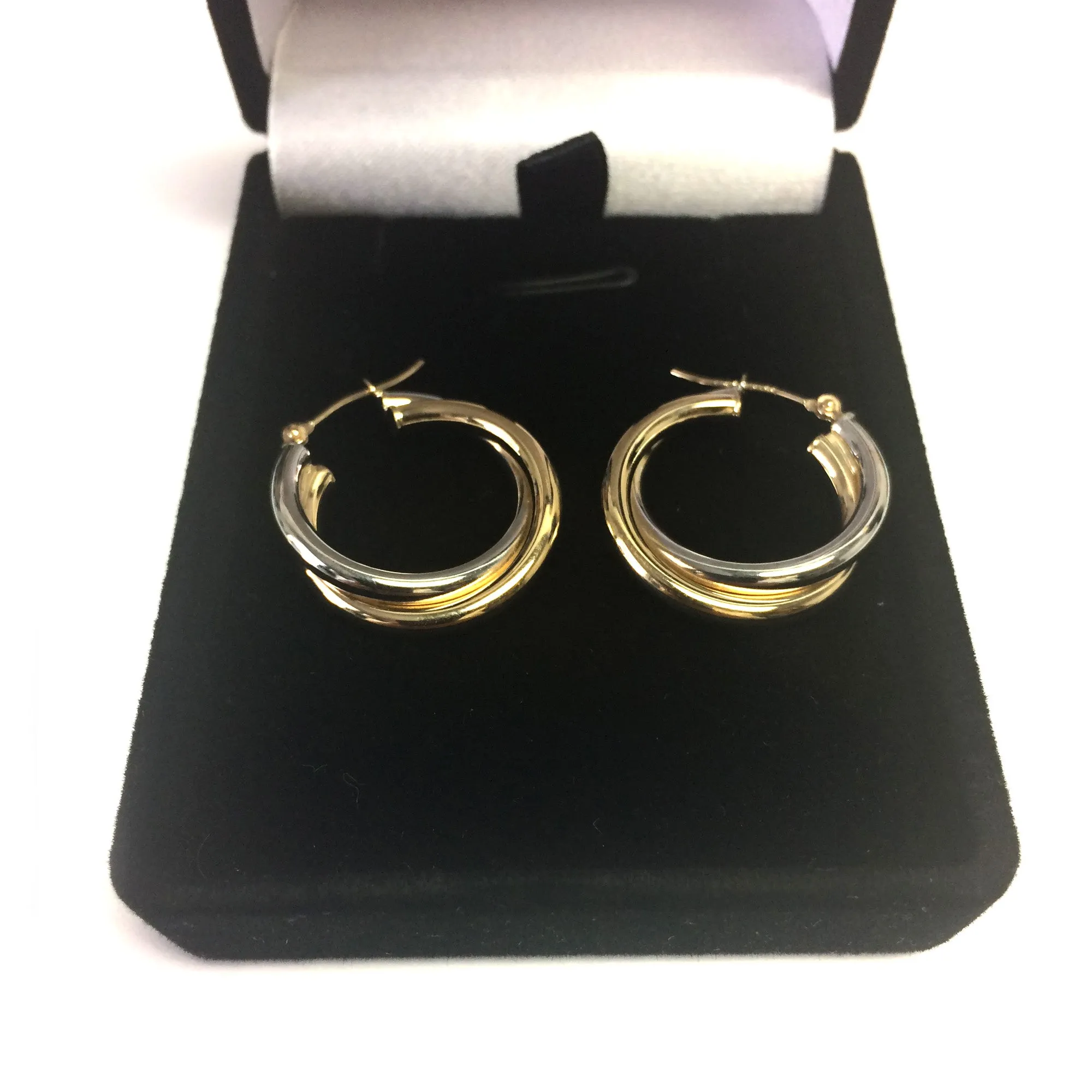 14K Yellow And White Gold Two Tone Double Hoop Earrings, Diameter 24mm