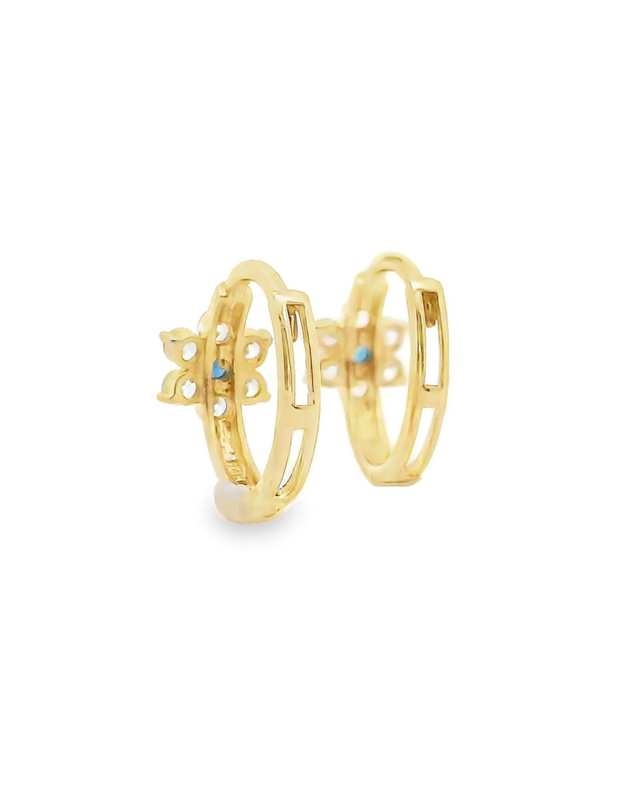 14K Yellow Gold Flower Huggie Hoop Earrings- Blue