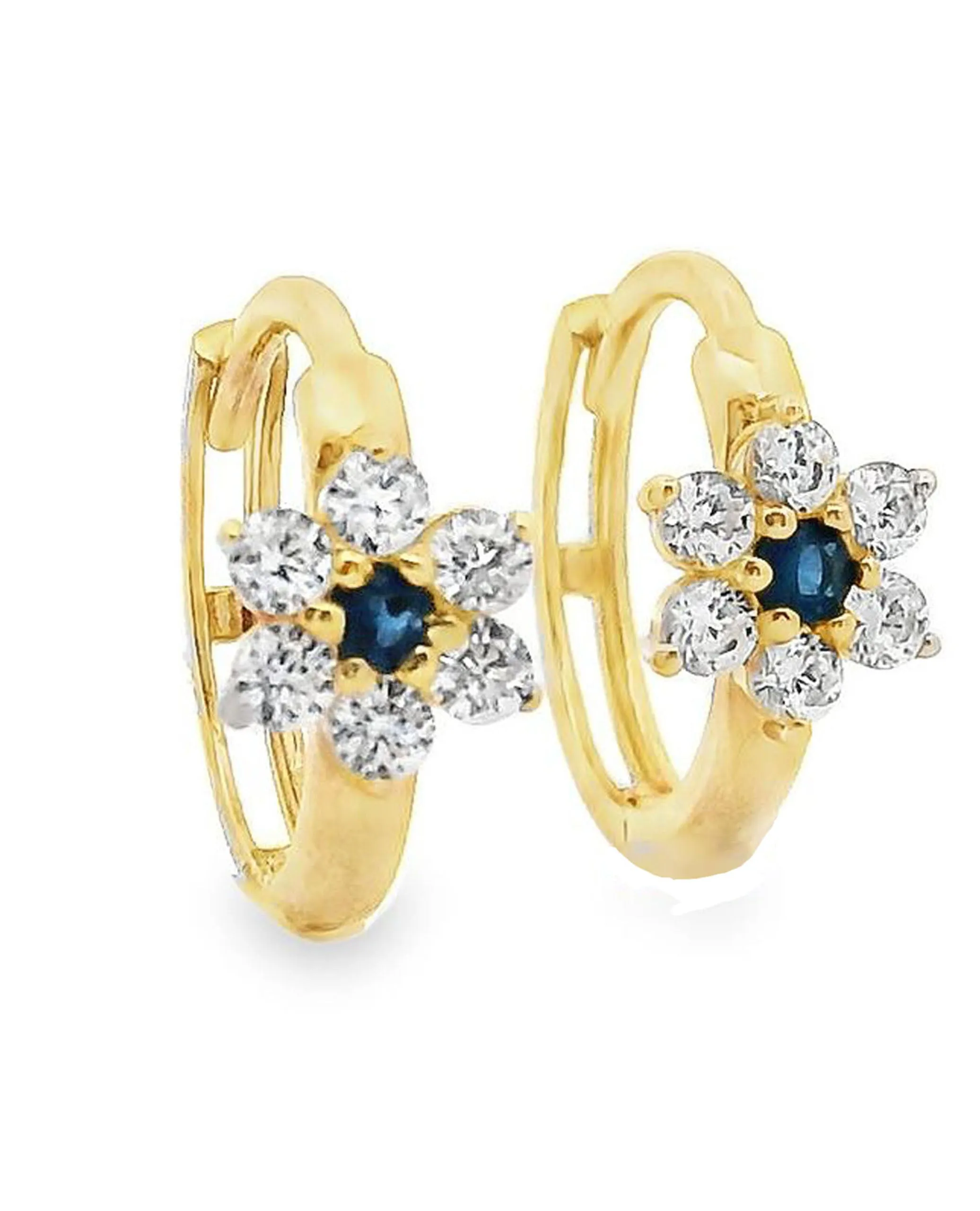 14K Yellow Gold Flower Huggie Hoop Earrings- Blue