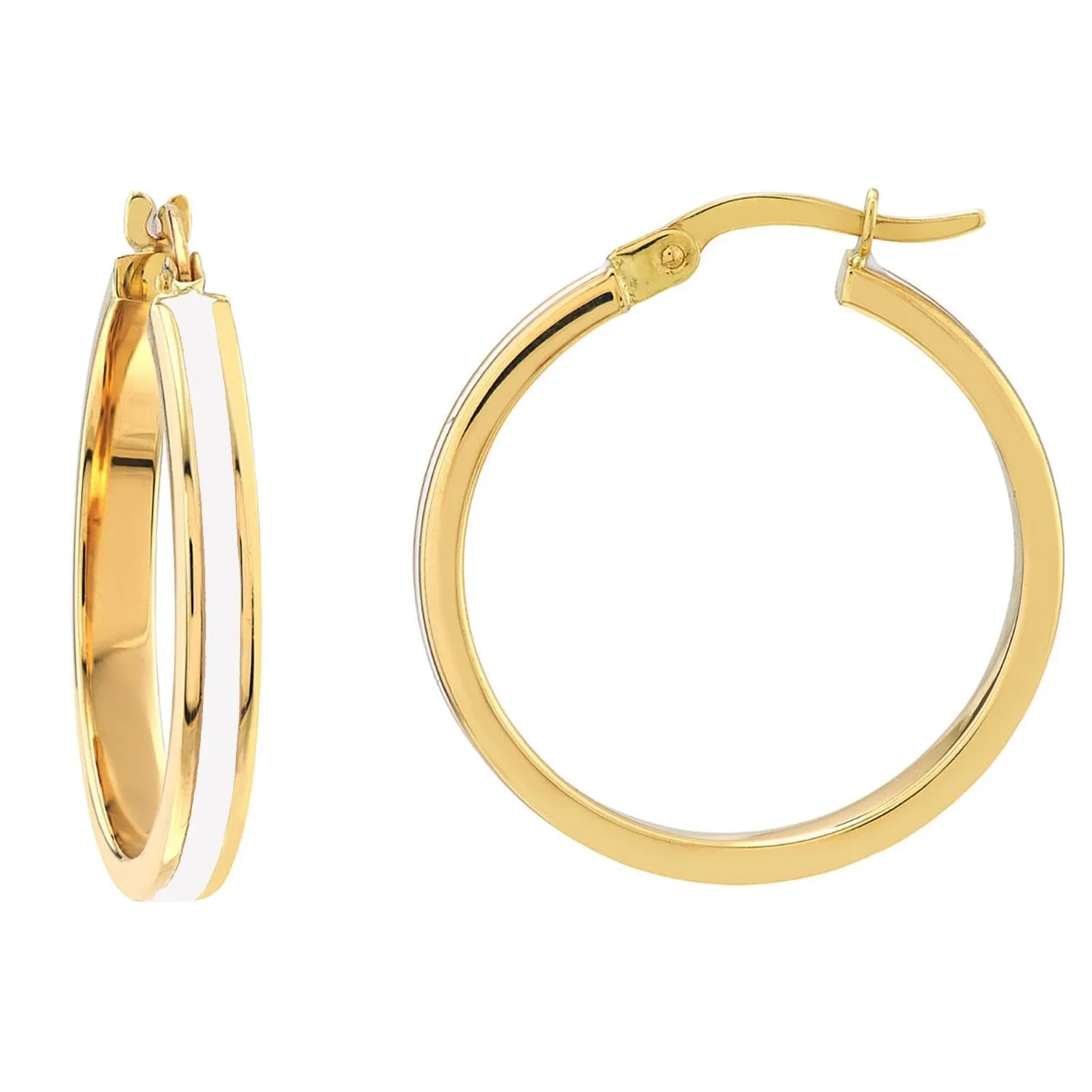 14k Yellow Gold White Enamel Hoop Earrings with Latch Back, 1 Inch