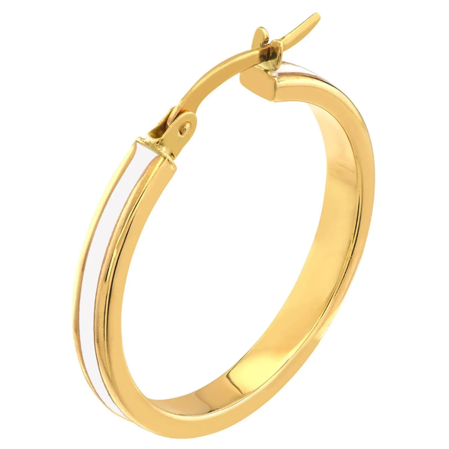 14k Yellow Gold White Enamel Hoop Earrings with Latch Back, 1 Inch