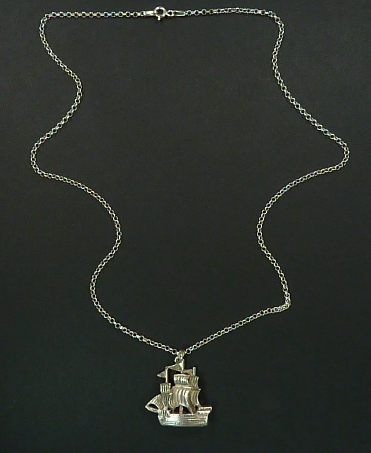 1960s Sterling Silver Tall Ship Pendant With Sterling 18 Inch Chain