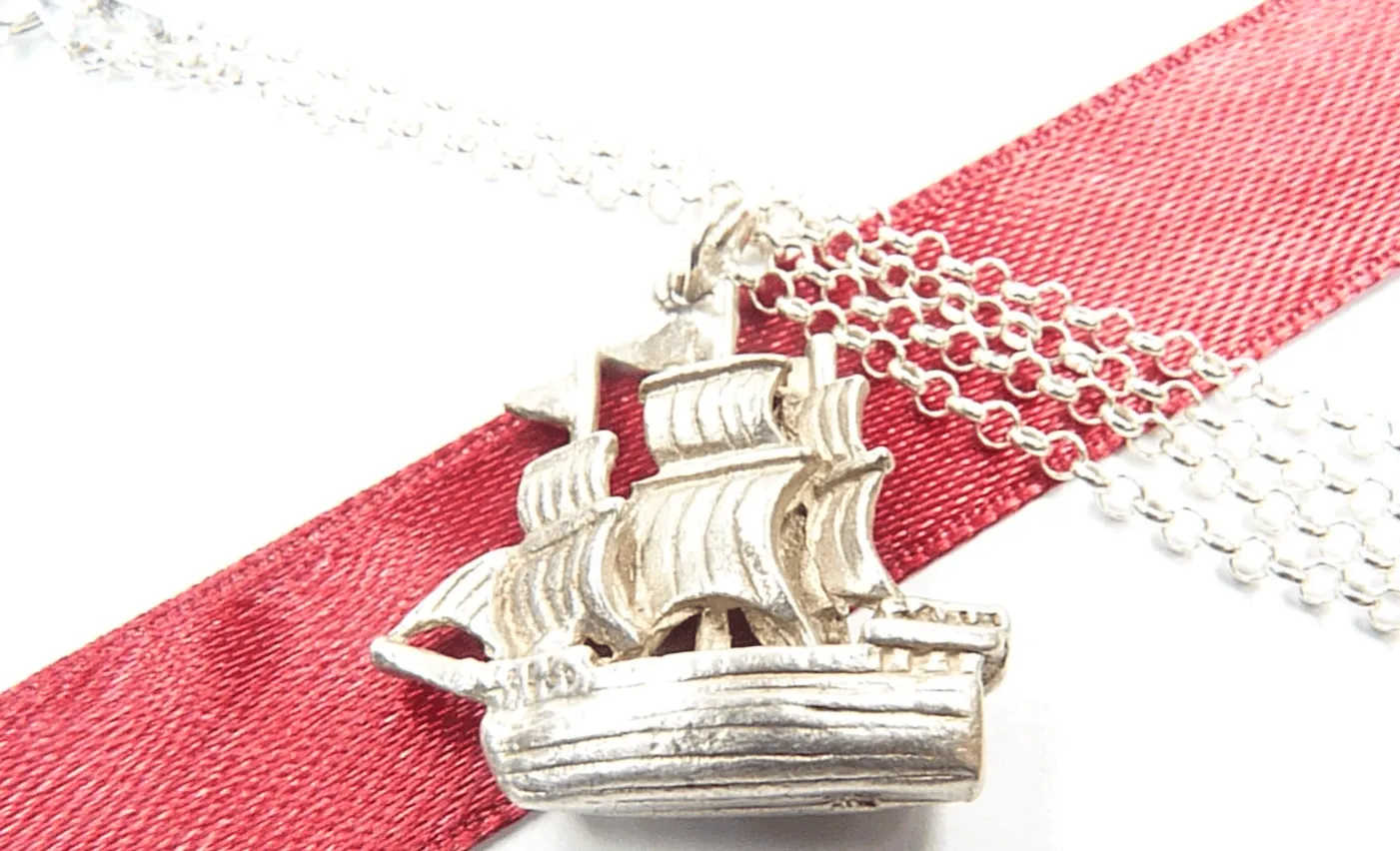 1960s Sterling Silver Tall Ship Pendant With Sterling 18 Inch Chain