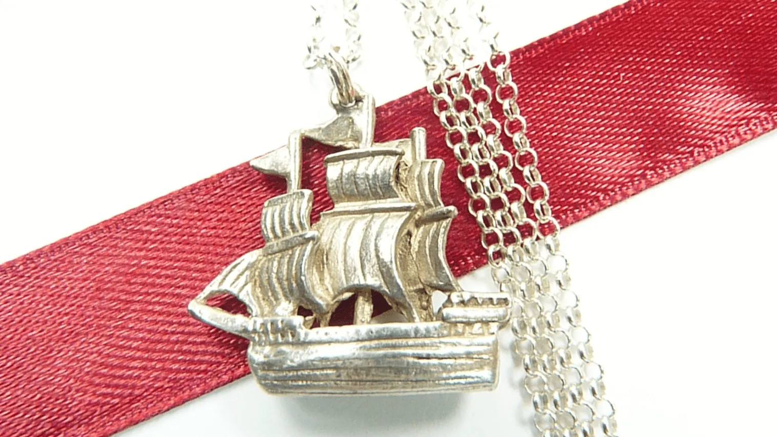 1960s Sterling Silver Tall Ship Pendant With Sterling 18 Inch Chain