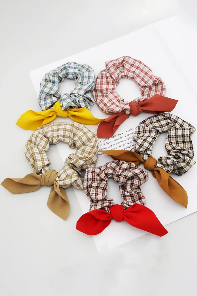 5PCS GINGHAM CLOTH BOW TIED SCRUNCHIE, 5PCS PER 1 PACK