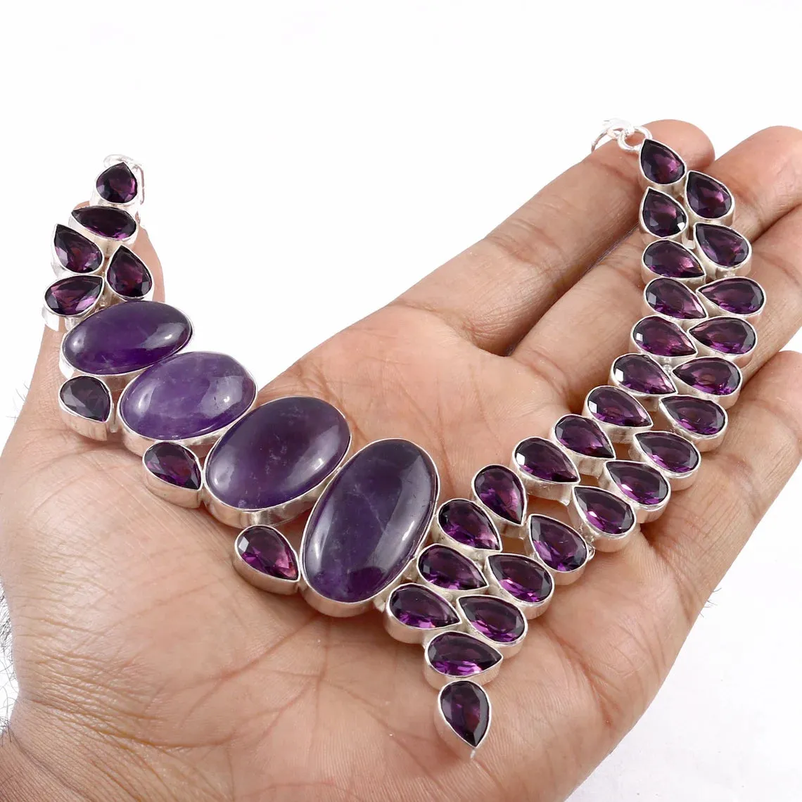 Amethyst Vintage Bib Necklace - 925 Solid Sterling Silver Necklace