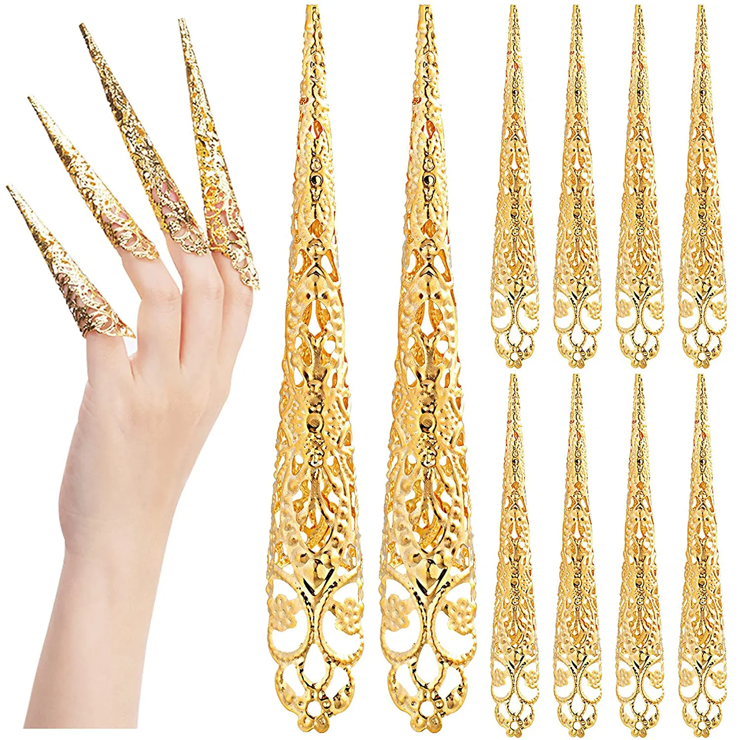 ANCIRS 10 Pack Finger Nail Tip Claw Rings, Ancient Queen Costume Fingertip Claw Nail Rings Decoration Accessory, Finger Knuckle Protectors for Halloween Cosplay Drama Dance Show