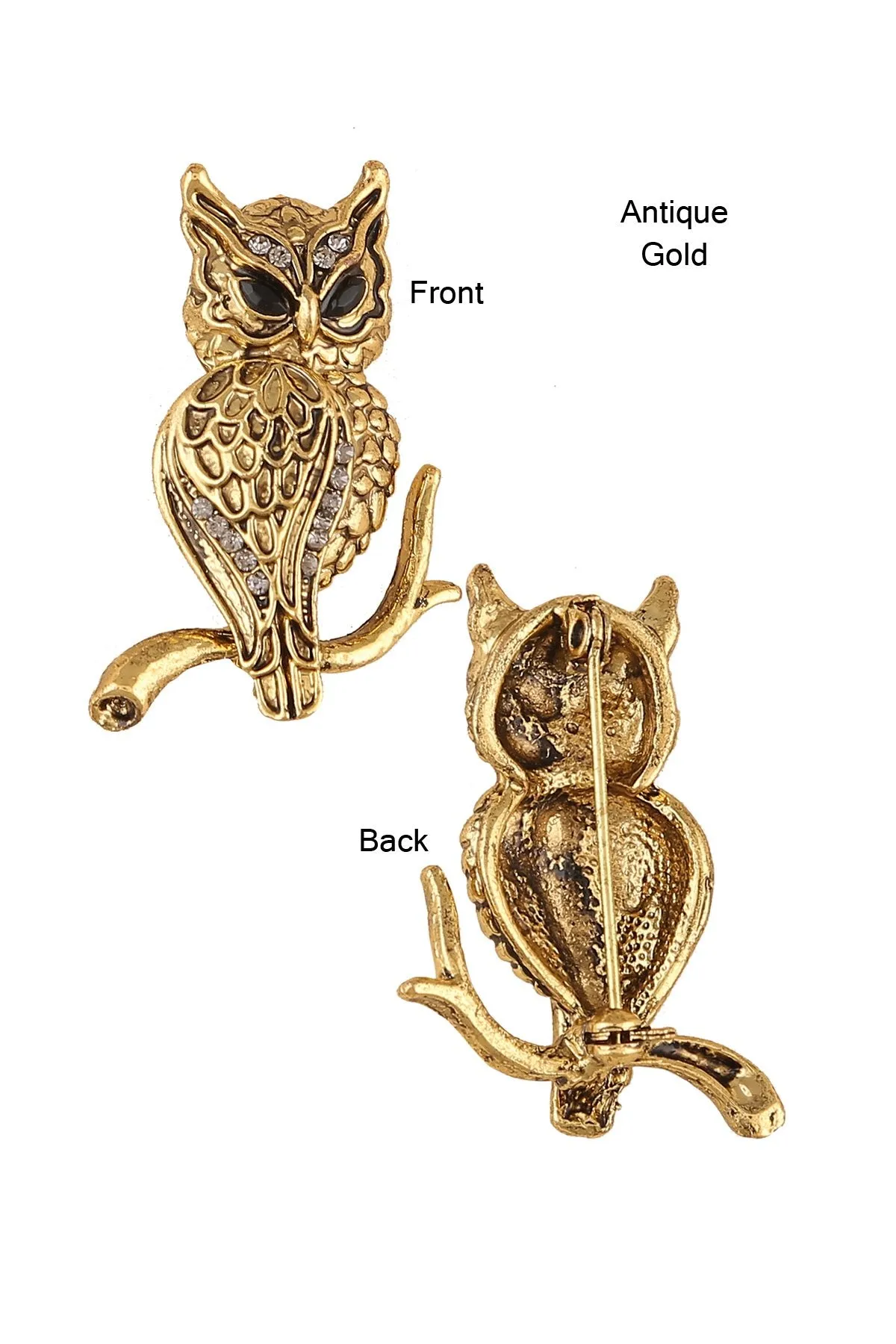 Antique Gold Colour Diamond Owl Luxury Bird Brooch Pin