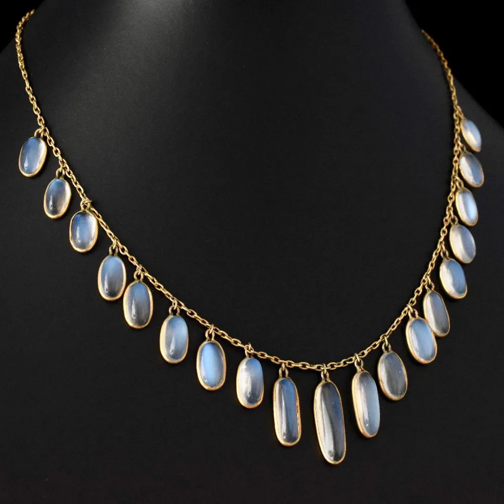 Antique Rainbow Moonstone Fringe Necklace For Women -  14k Gold Vermeil Vintage Necklaces