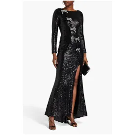 BADGLEY MISCHKA Bow-embellished sequined mesh gown