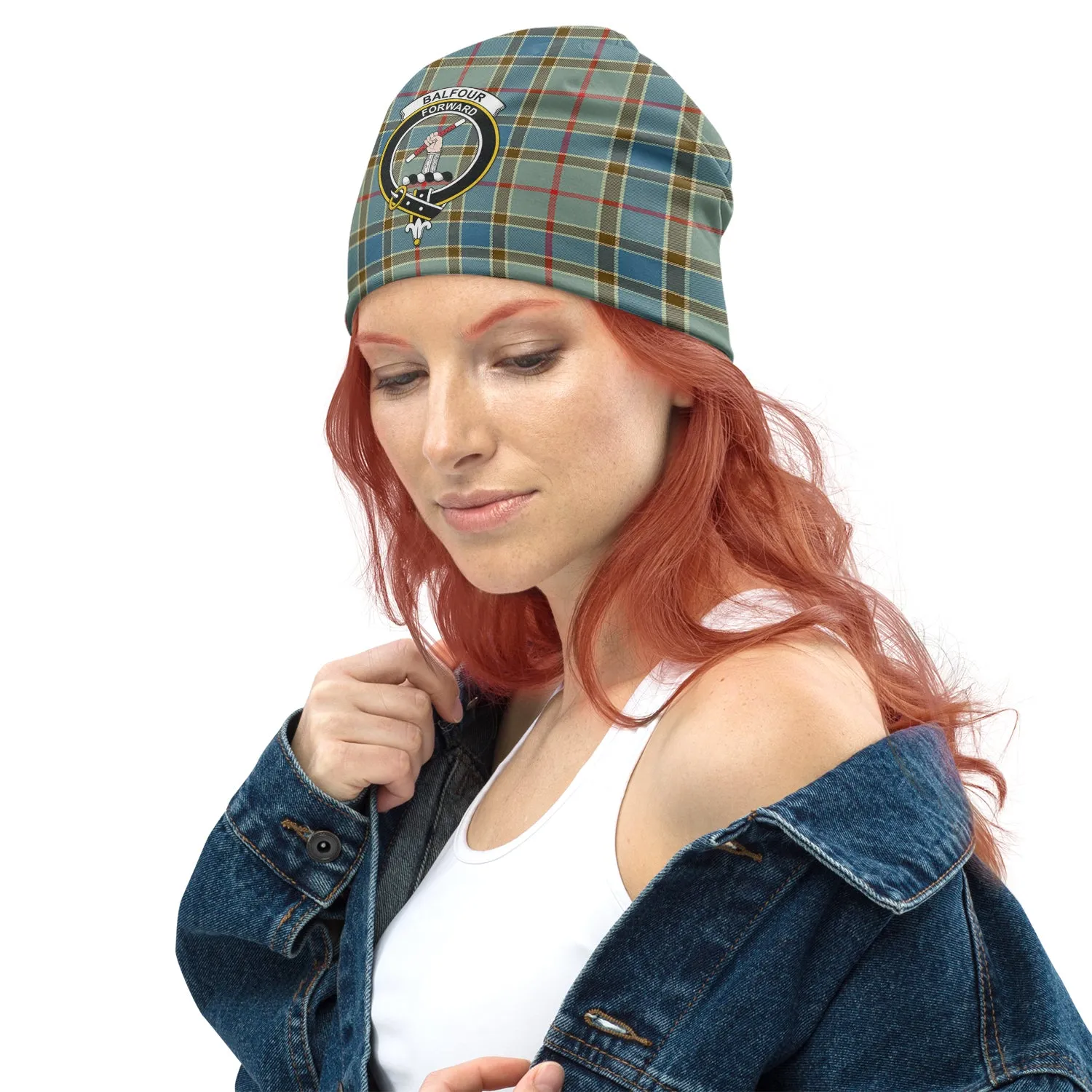 Balfour Blue Tartan Beanies Hat with Family Crest