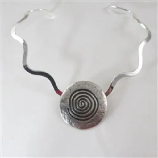 Big Bold Antique Silver Spiral Round Pendant Choker  Wavy Neck Ring