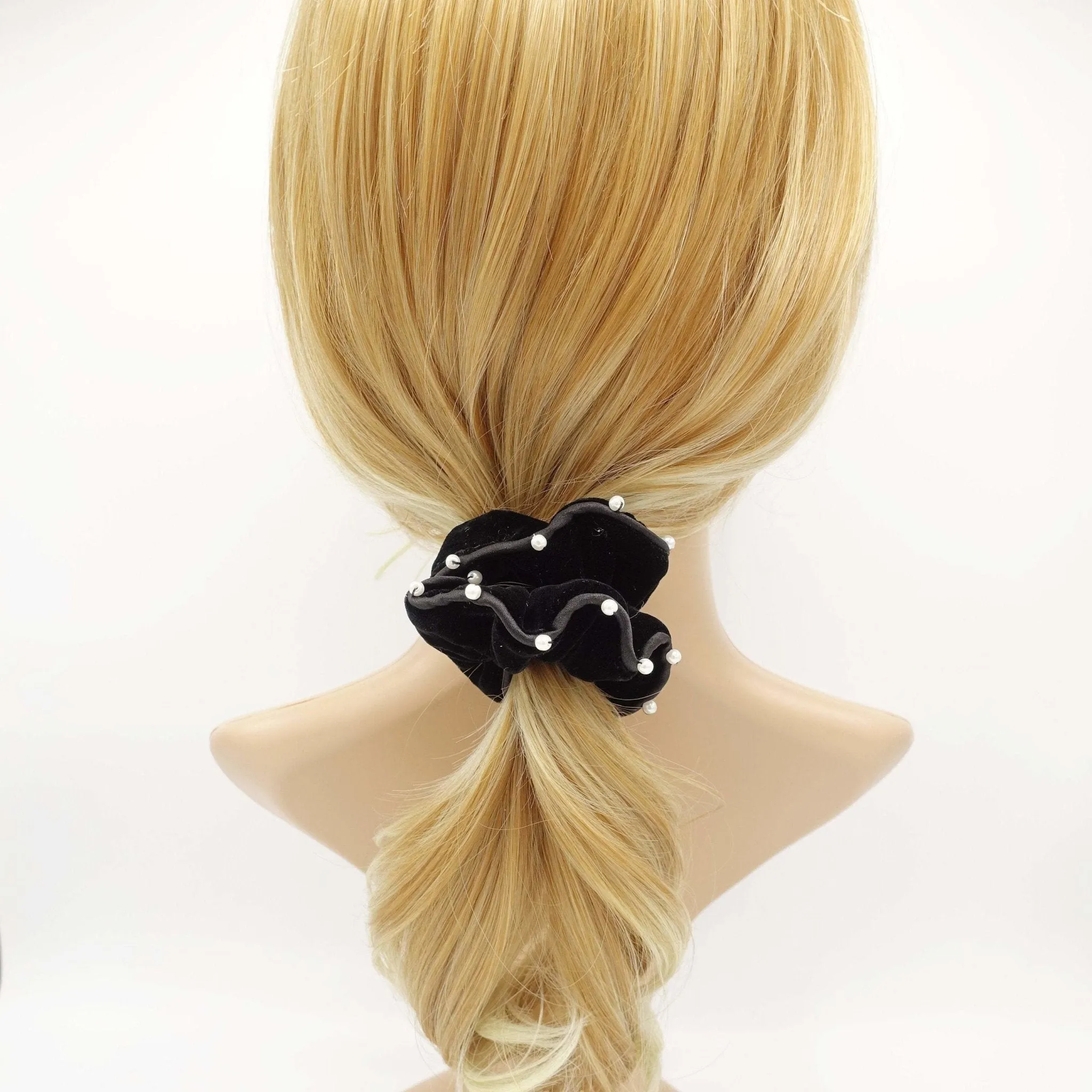 black silk velvet scrunchies faux pearl embellished scrunchy women hair accessory