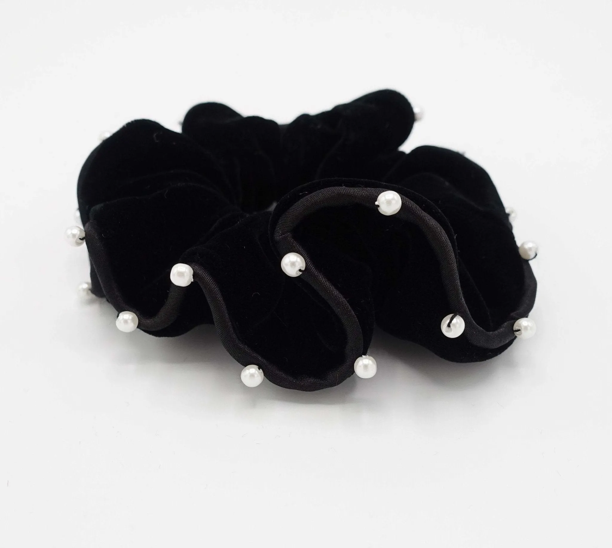 black silk velvet scrunchies faux pearl embellished scrunchy women hair accessory