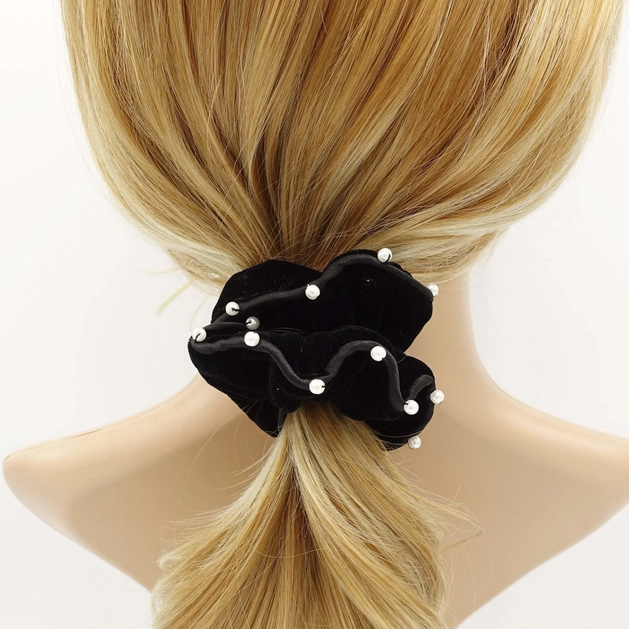 black silk velvet scrunchies faux pearl embellished scrunchy women hair accessory