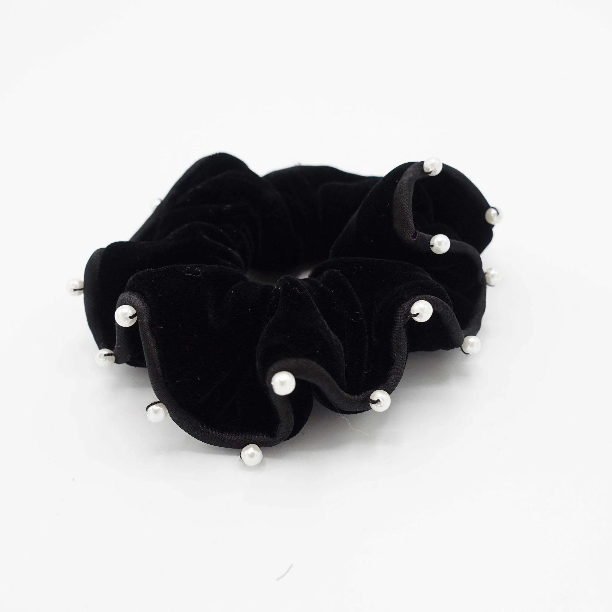 black silk velvet scrunchies faux pearl embellished scrunchy women hair accessory