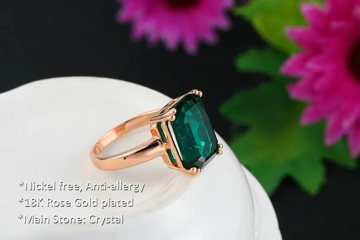 Brand Emerald Ring Rose Gold Plated Fashion Red/Green Big Crystal Imitation Ruby Wedding Jewelry For Women