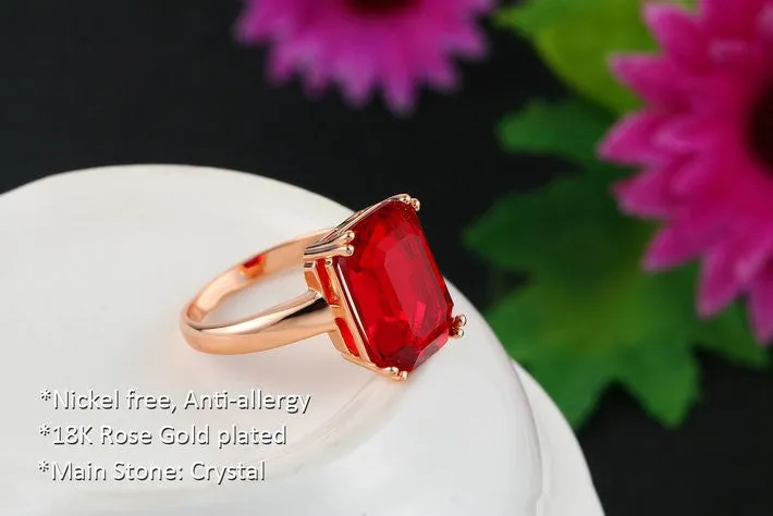 Brand Emerald Ring Rose Gold Plated Fashion Red/Green Big Crystal Imitation Ruby Wedding Jewelry For Women