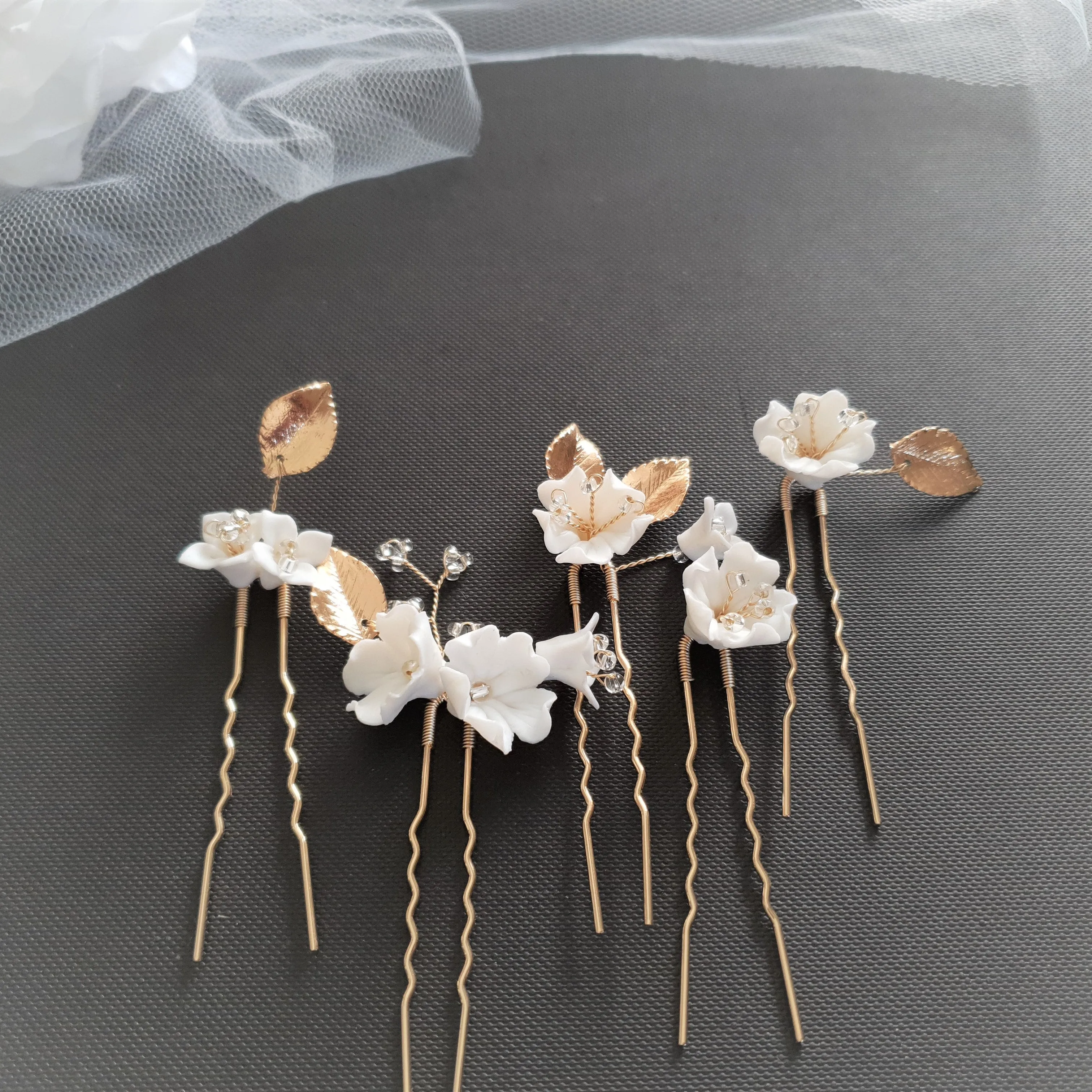 Bridal Hair Pins Set with White Flowers-Magnolia