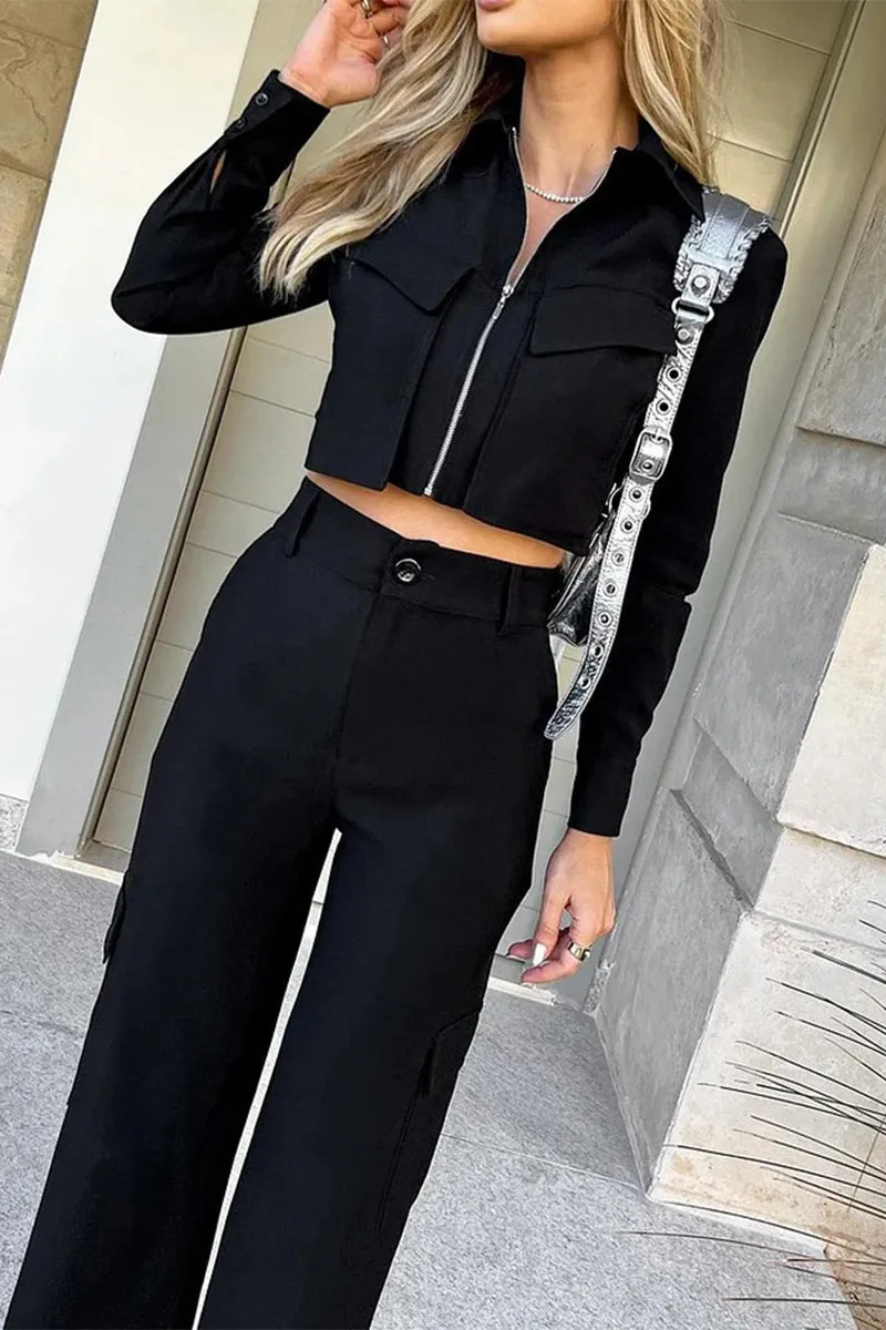 Casual Street Pocket Chains Turndown Collar Long Sleeve Two Pieces