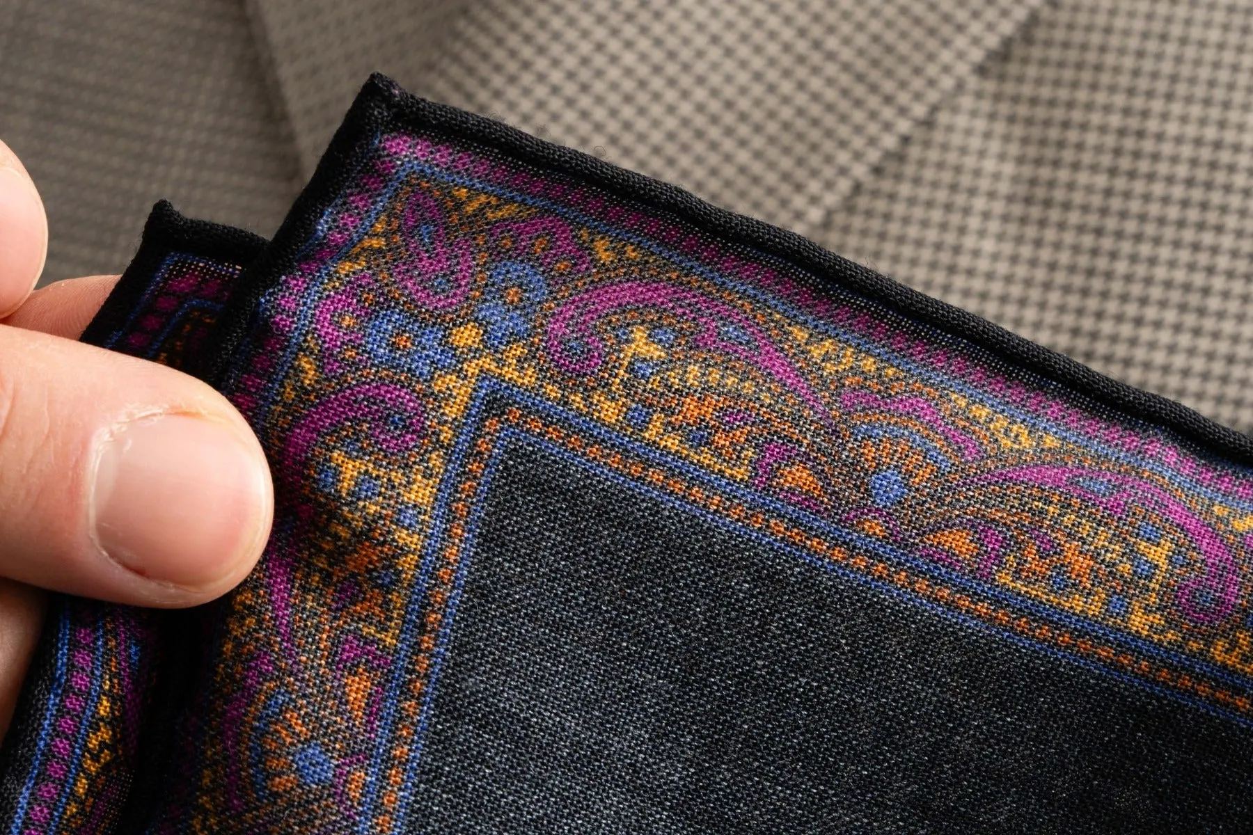 Charcoal & Yellow Paisley Silk-Wool Pocket Square