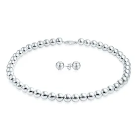 Classic Sterling Silver Ball Bead Strand Necklace with Stud Earrings Set