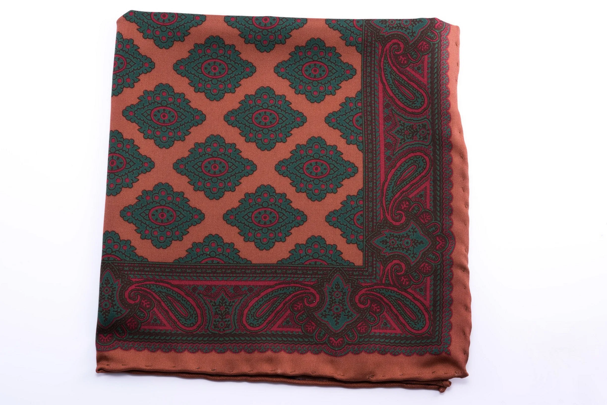 Dark Bronze Diamond & Paisley Madder Silk Pocket Square