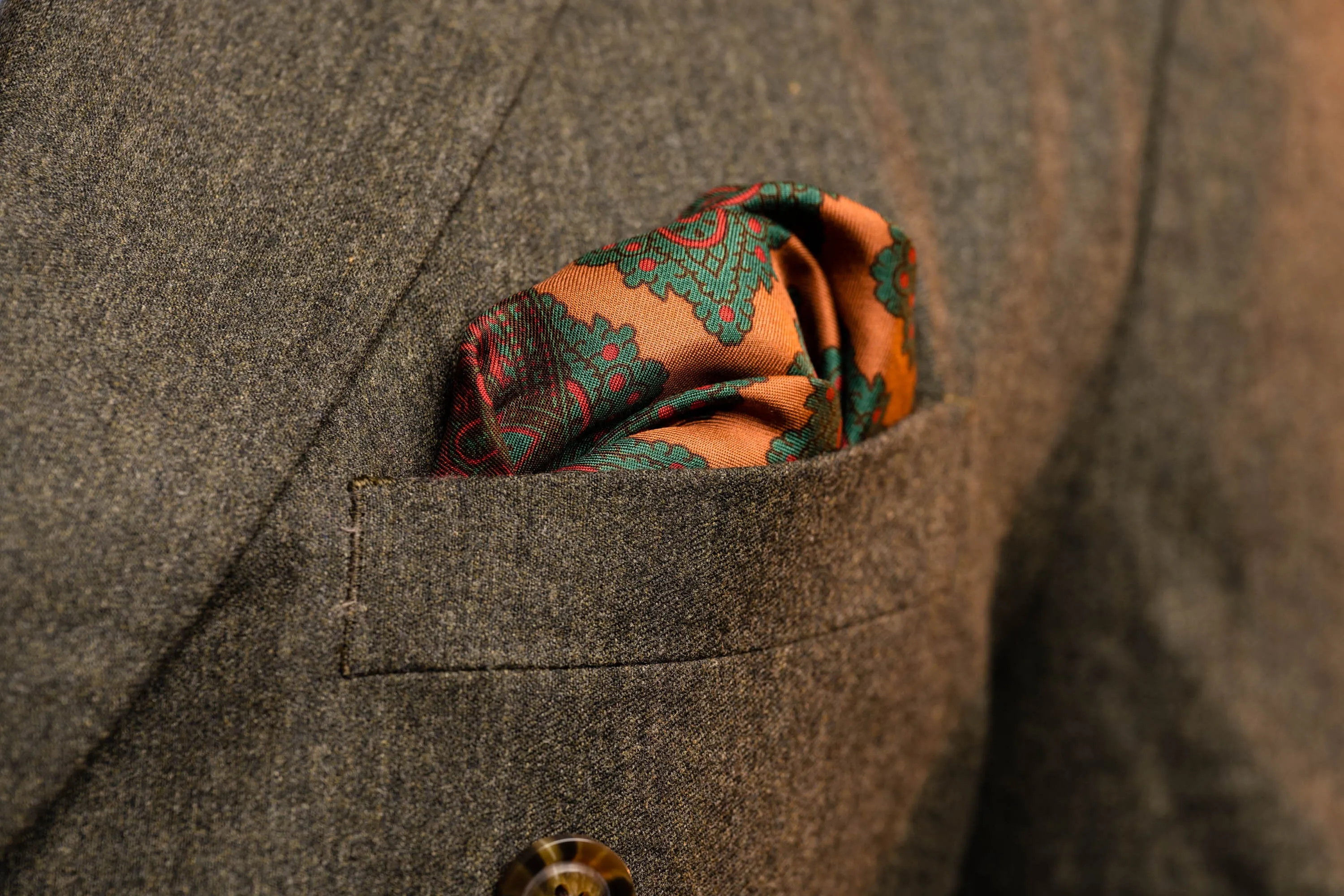 Dark Bronze Diamond & Paisley Madder Silk Pocket Square