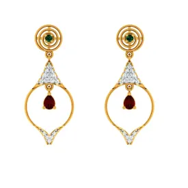 Diamond Studded Drop Dangler With Marvellous Red Stone In 18k Gold Earrings