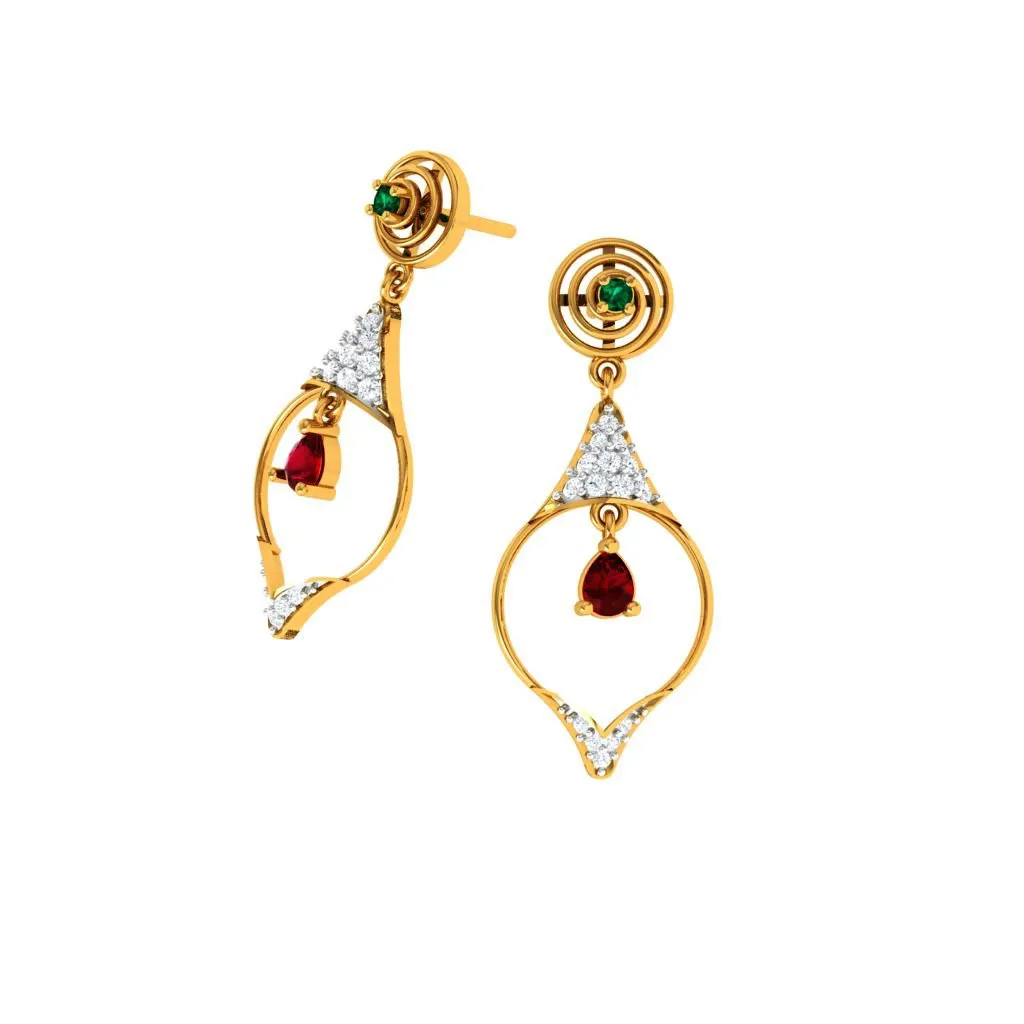 Diamond Studded Drop Dangler With Marvellous Red Stone In 18k Gold Earrings