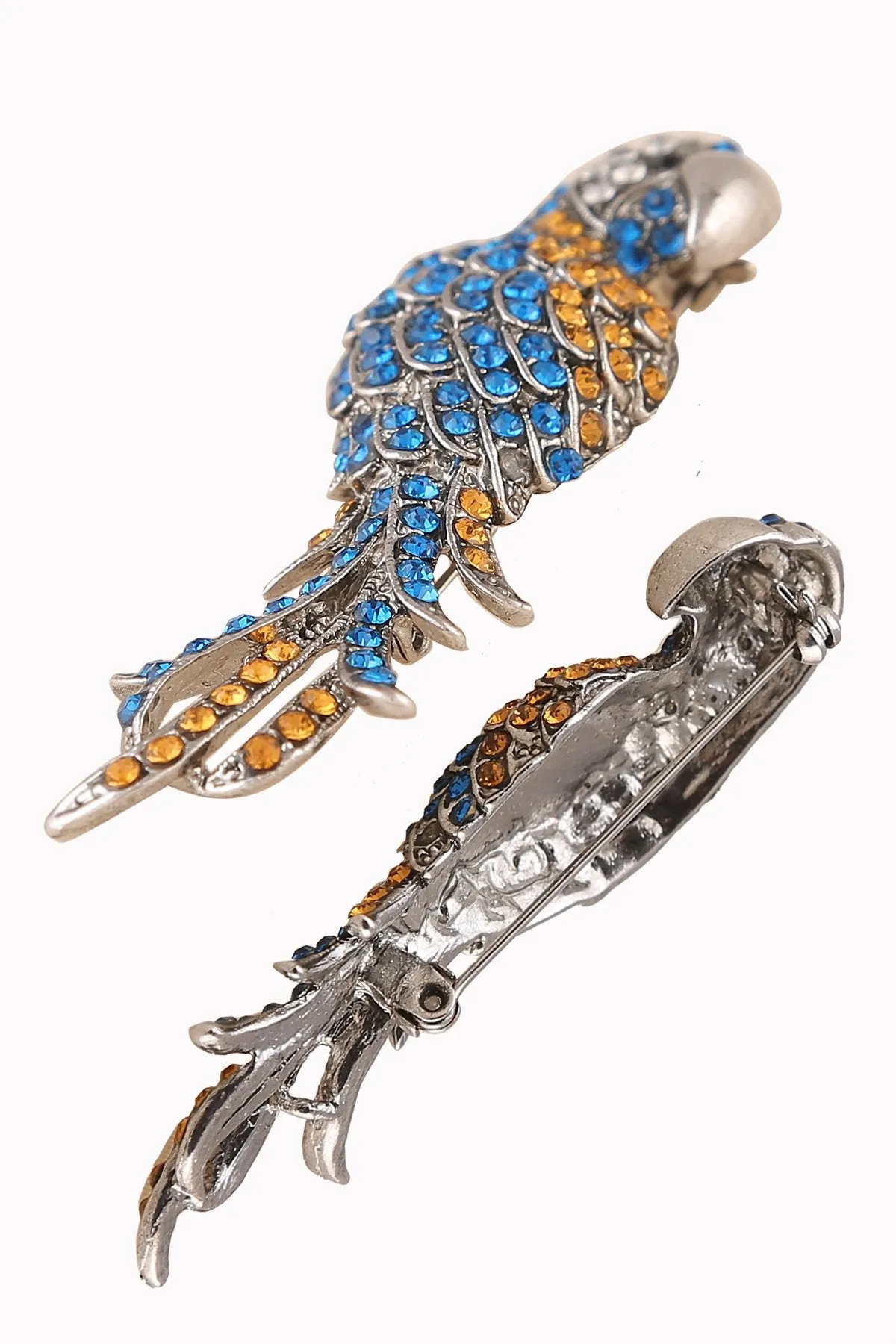 Dual Colour Diamond Designer Silver Parrot Bird Brooch Pin