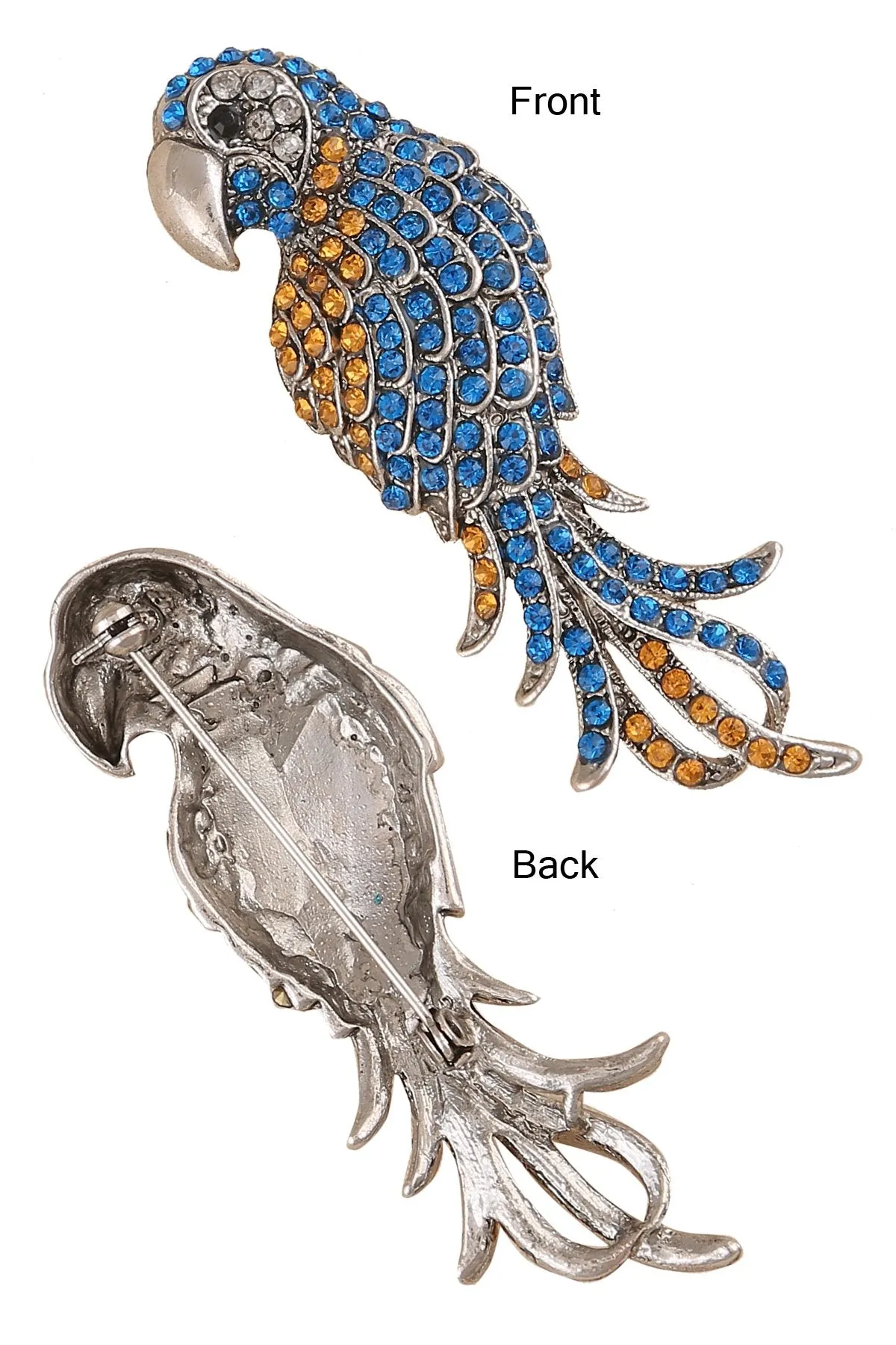 Dual Colour Diamond Designer Silver Parrot Bird Brooch Pin