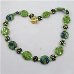 Fair Trade Kazuri Necklace Apple Green and Midnight Blue Kazuri Beads