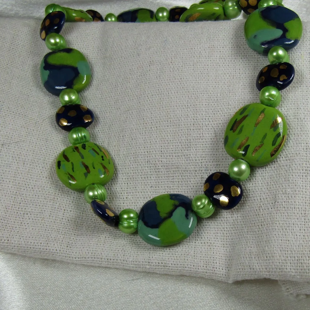 Fair Trade Kazuri Necklace Apple Green and Midnight Blue Kazuri Beads