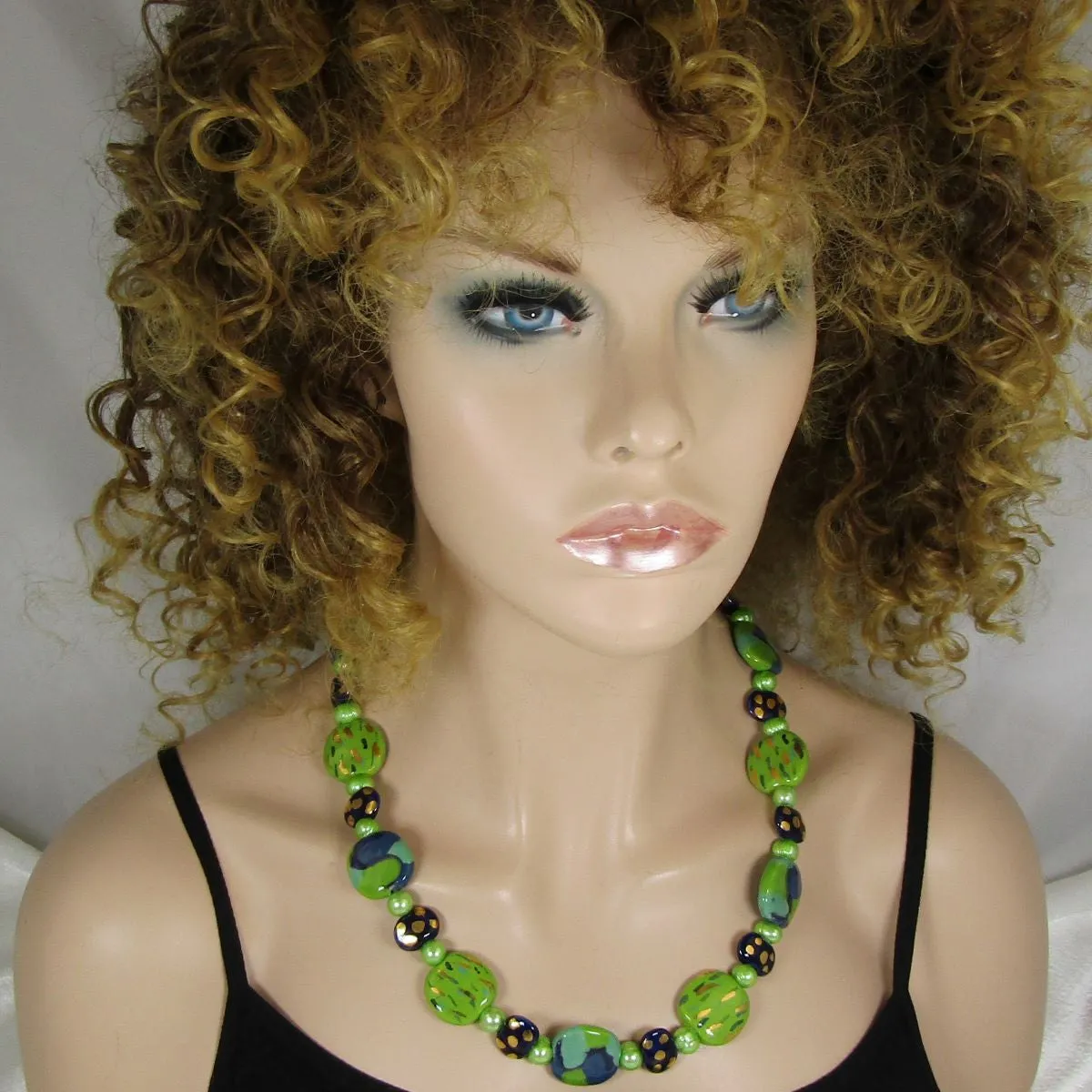 Fair Trade Kazuri Necklace Apple Green and Midnight Blue Kazuri Beads