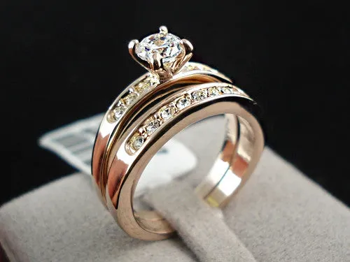 Fashion 18K Rose Gold Plated with Pave Band 0.5ct Brilliant Cubic Zirconia Wedding Ring Set