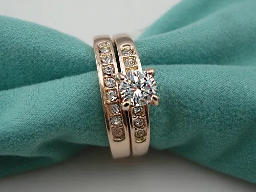 Fashion 18K Rose Gold Plated with Pave Band 0.5ct Brilliant Cubic Zirconia Wedding Ring Set