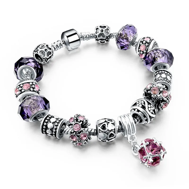 Fashion 925 Silver Crystal Charm Bracelets for Women With Purple Murano Glass Beads bracelets & bangles Love DIY Jewelry Bracelet