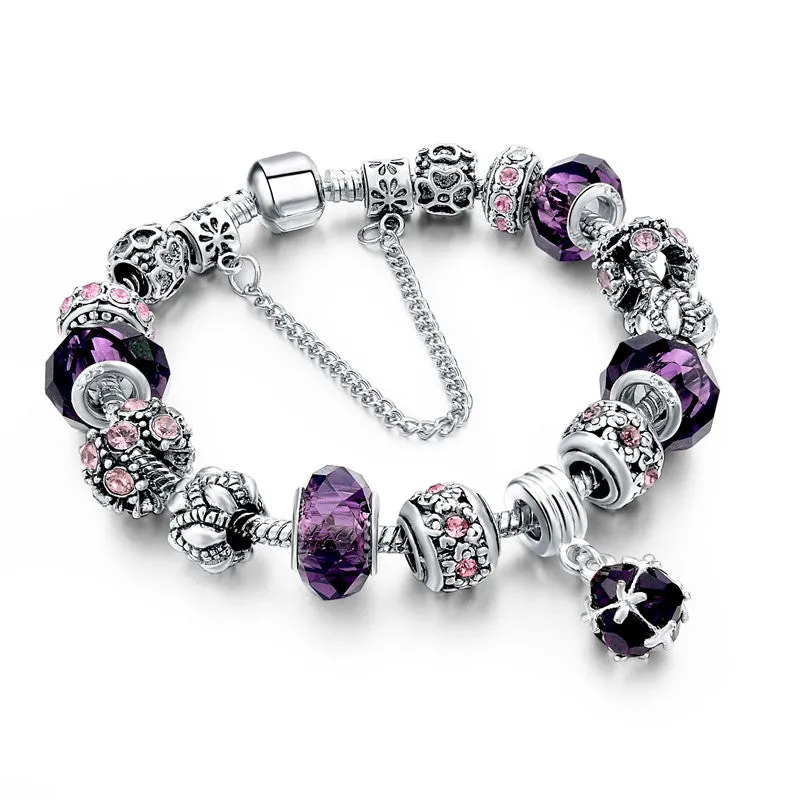 Fashion 925 Silver Crystal Charm Bracelets for Women With Purple Murano Glass Beads bracelets & bangles Love DIY Jewelry Bracelet