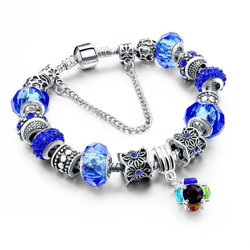 Fashion 925 Silver Crystal Charm Bracelets for Women With Purple Murano Glass Beads bracelets & bangles Love DIY Jewelry Bracelet