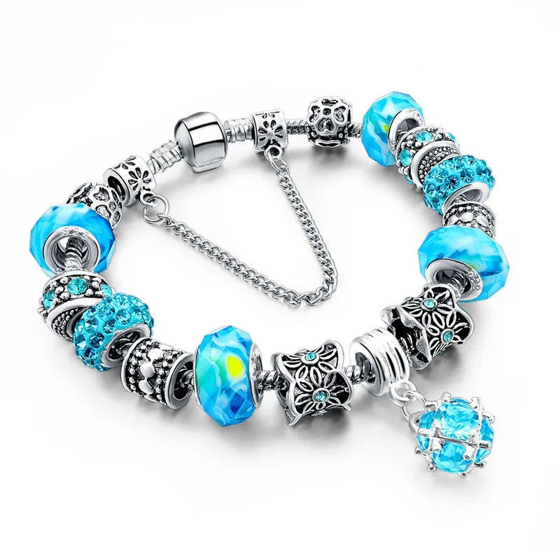 Fashion 925 Silver Crystal Charm Bracelets for Women With Purple Murano Glass Beads bracelets & bangles Love DIY Jewelry Bracelet