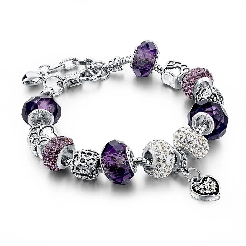 Fashion 925 Silver Crystal Charm Bracelets for Women With Purple Murano Glass Beads bracelets & bangles Love DIY Jewelry Bracelet