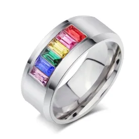 Fashion rainbow wedding rings for men and women gay pride ring with stone